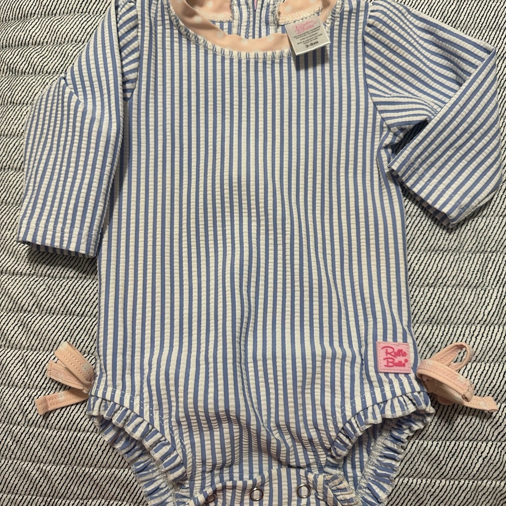 Ruffle Butts Blue & White Striped Long-Sleeve One-Piece with Pink Accents